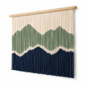 Wandteppich 80 x 90 cm aus Baumwollkordel in Grün Beige Dunkelblau mit Holzstab im Bergmotiv