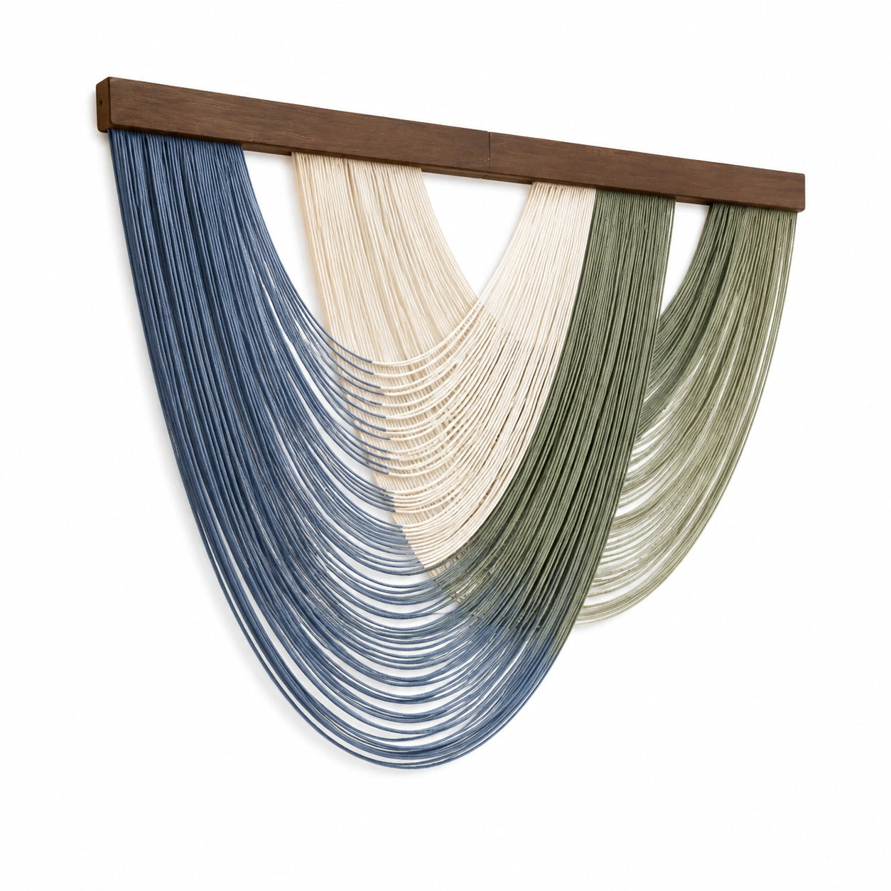 Wandteppich 120 x 100 cm aus Textilkordeln mit Holzleiste in Blau Creme Grün im Boho Stil