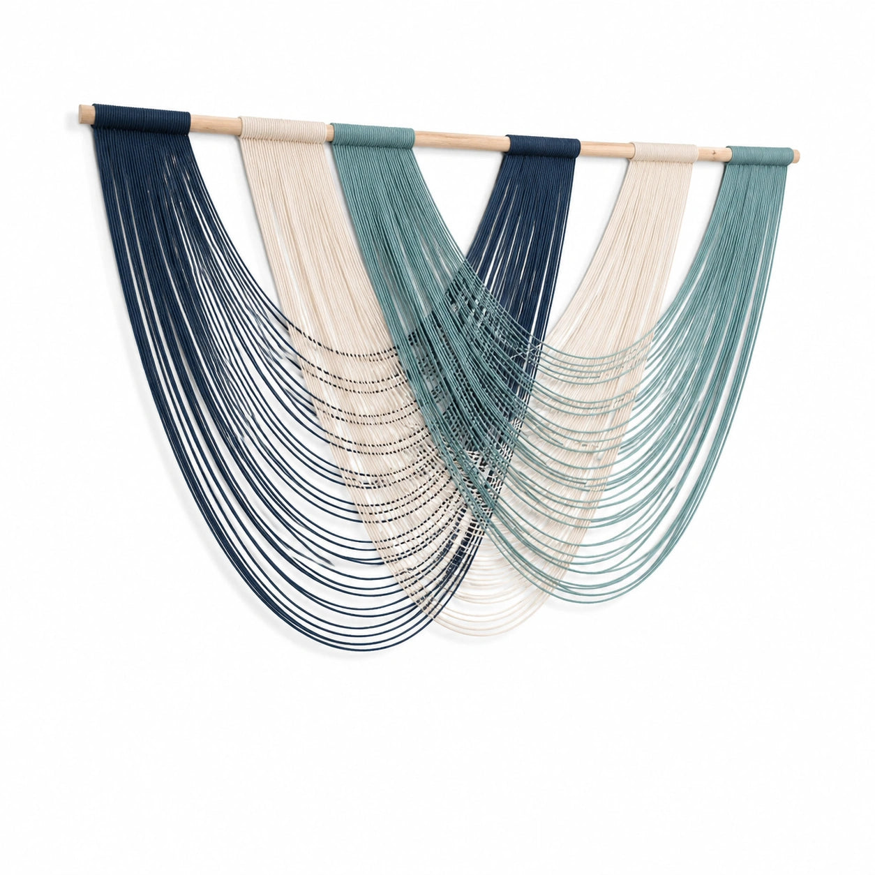 Wandteppich 100 x 90 cm aus Baumwollkordel in Dunkelblau Creme Salbeigrün mit Holzstab Boho Wanddekoration