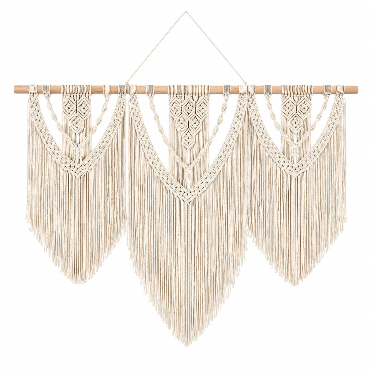 Makramee Wandteppich 120 x 100 cm Baumwolle Beige mit Holzstab im Boho Stil