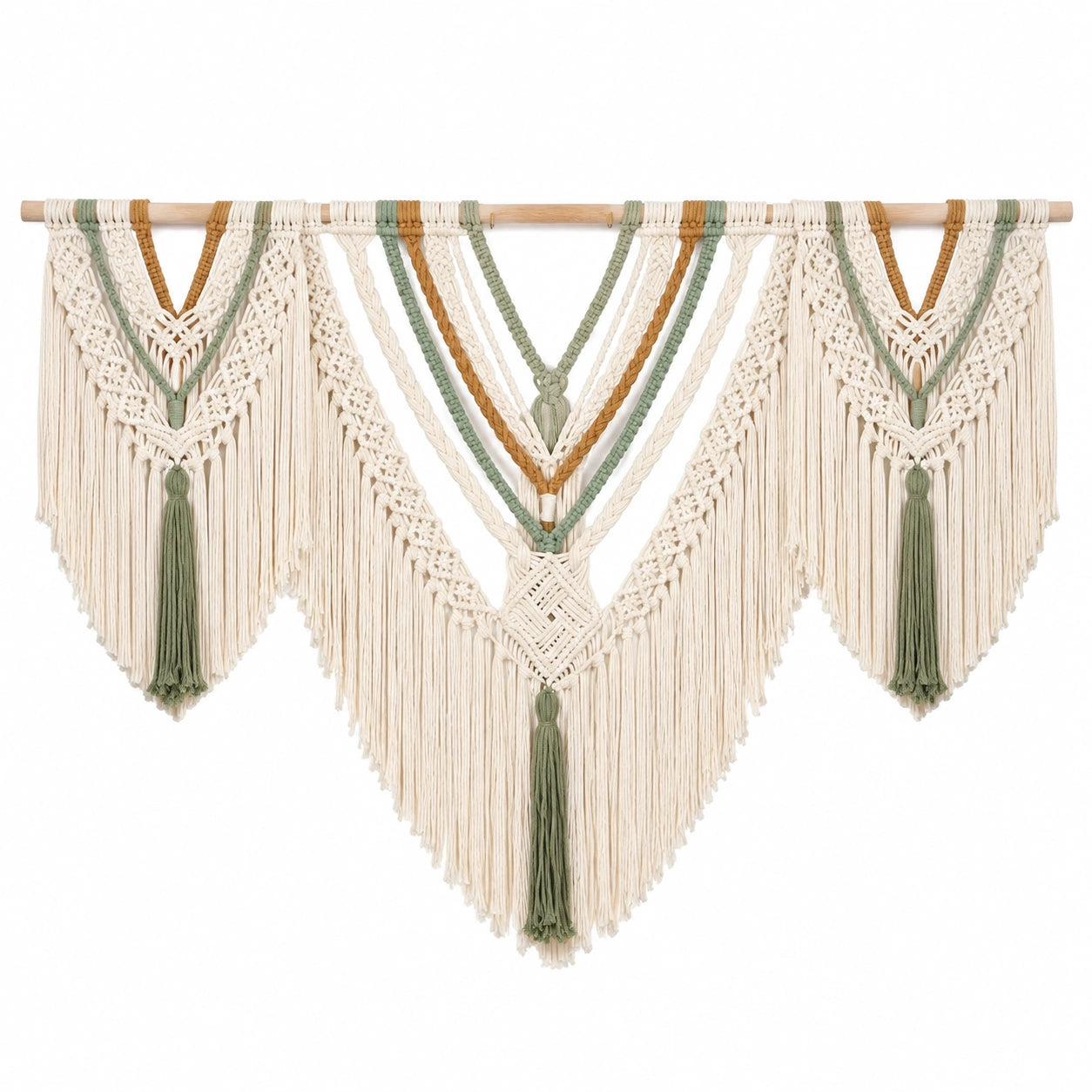 Makramee Wandteppich 120 x 100 cm Baumwolle Beige Grün Braun mit Holzstab Boho Wanddekoration