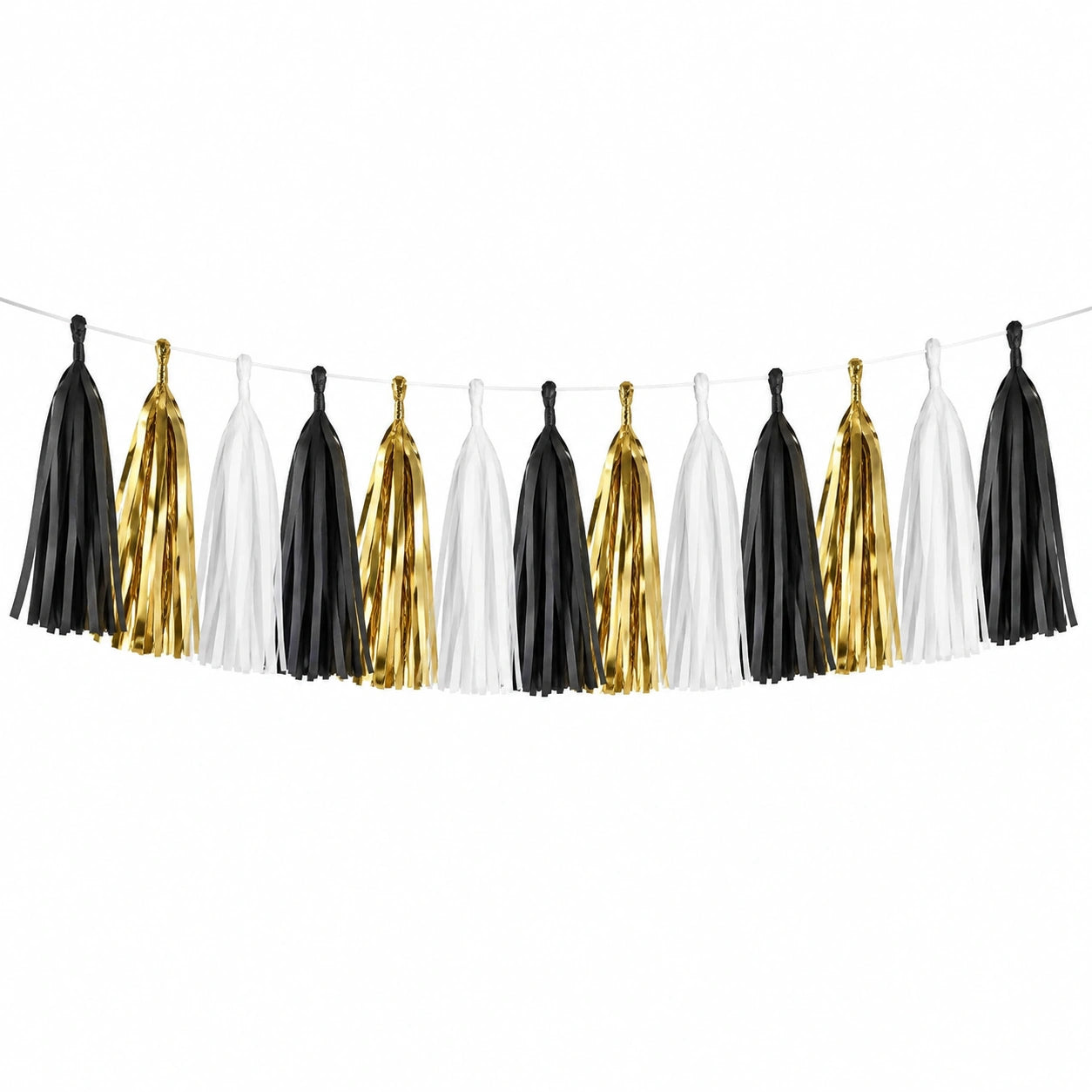 Quastengirlande 300 cm Schwarz Gold Weiß aus Papierfolie für Partydekoration