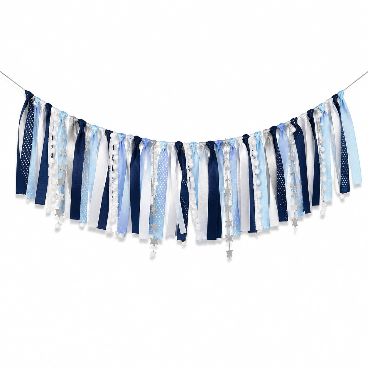 Dekogirlande 150 cm x 70 cm aus Textilbändern in Hellblau Weiß Dunkelblau mit Sternen