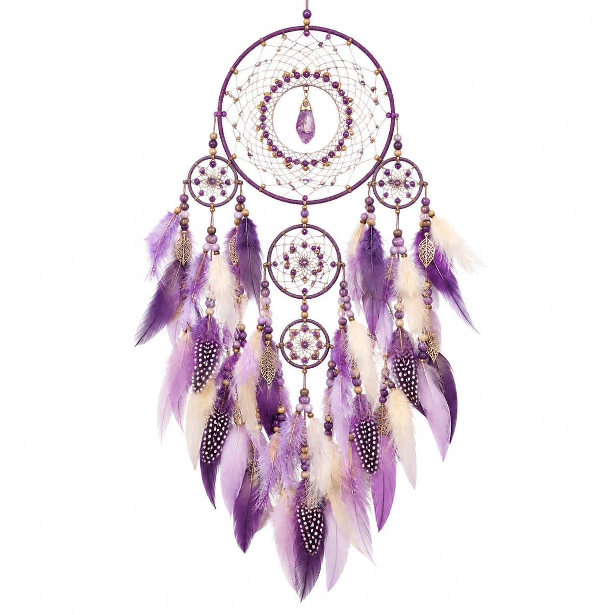 Traumfänger 35 x 90 cm Metallfaden Federn Violett Creme Wanddekoration Boho Stil