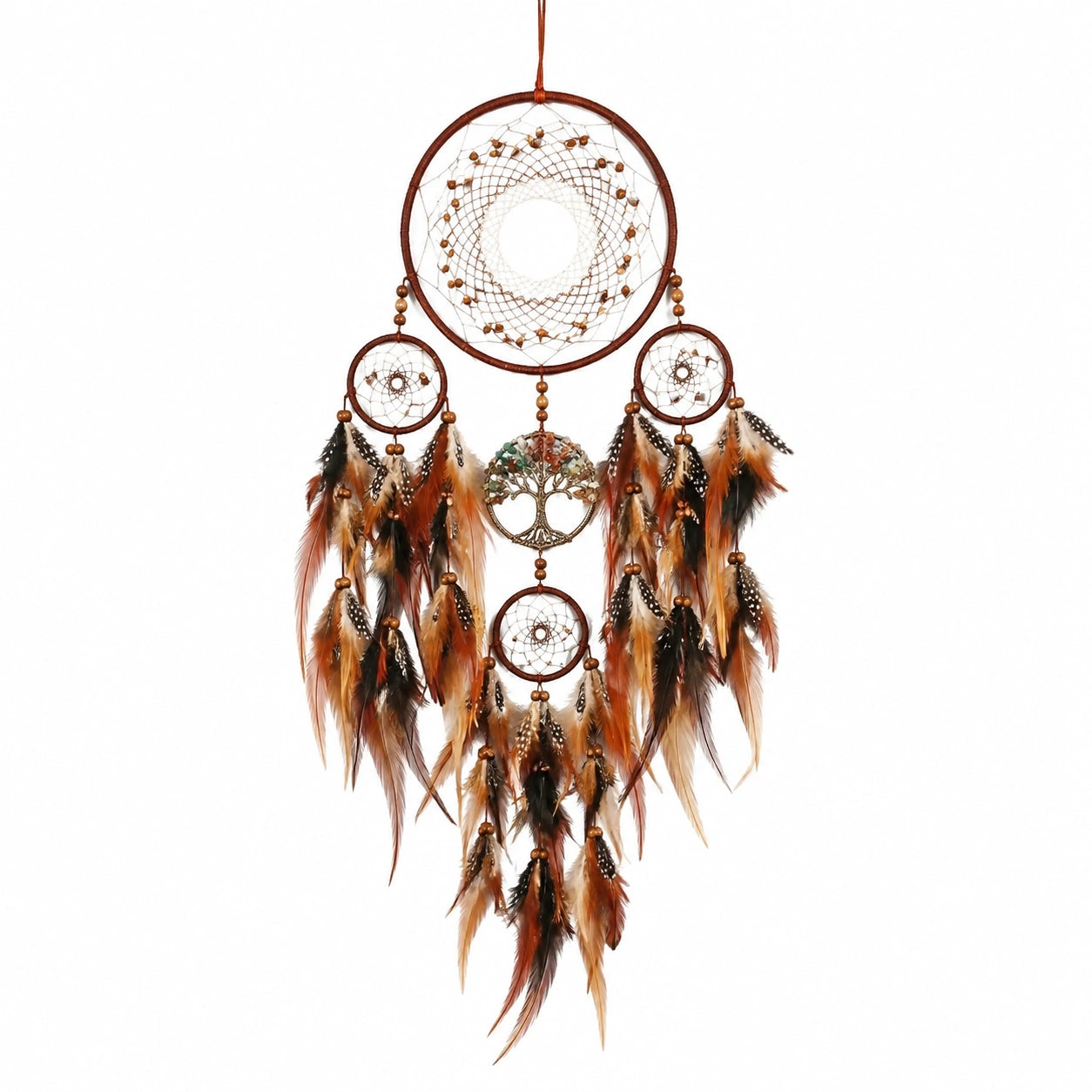 Traumfänger 45 x 100 cm mit Federn Holzperlen in Braun Orange Schwarz als Boho Wanddekoration
