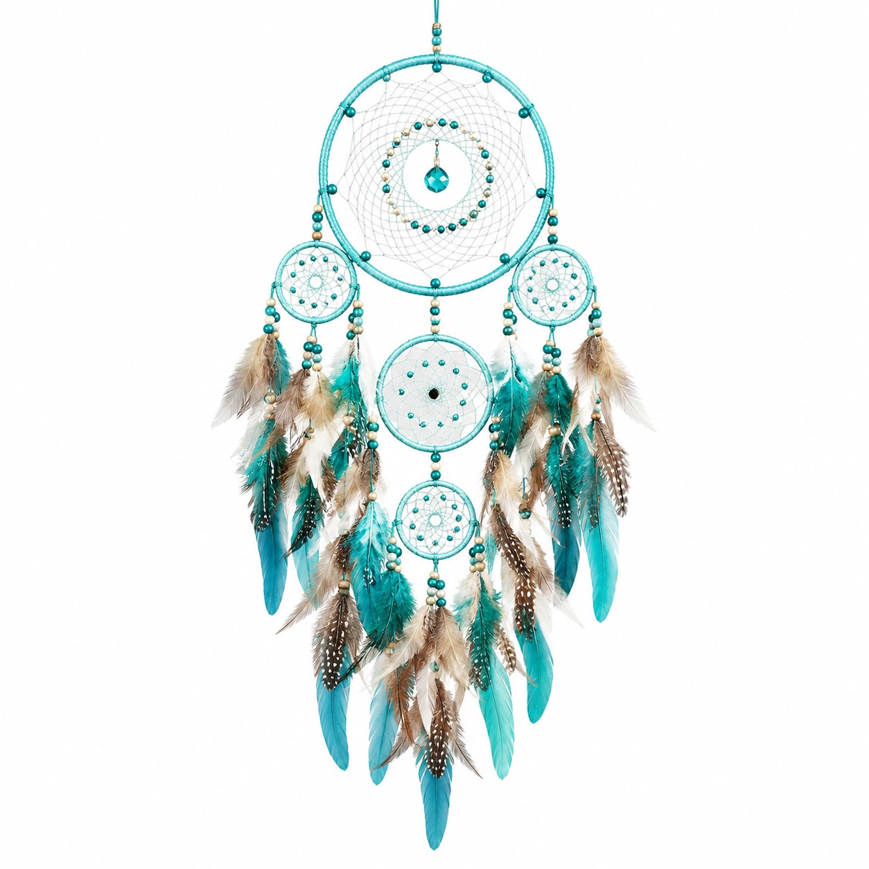 Traumfänger Wanddekoration 35 cm x 90 cm aus Textilfaden in Türkis mit Federn im Boho-Stil