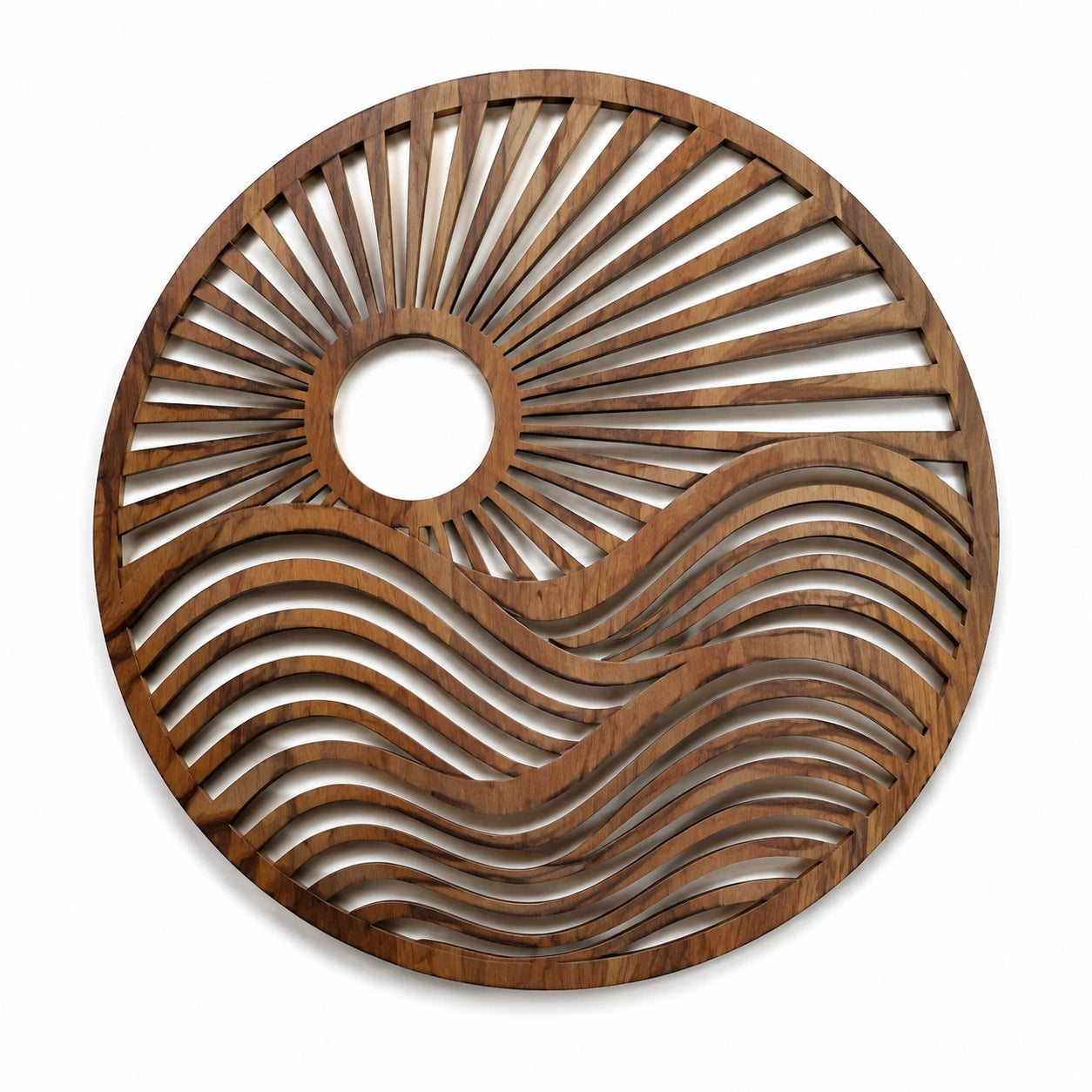 Wanddekoration 60 cm aus Holz in Braun mit Sonnen- und Wellenmotiv