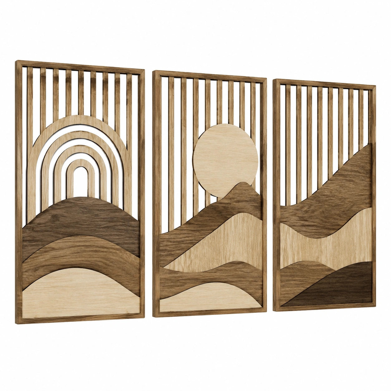 Wanddekoration 3er Set 30 x 80 cm Holz Braun Natur Geometrisches Landschaftsdesign