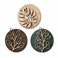 3er Set Wanddekoration Ø 30 cm Holz Natur Braun Grün Pflanzenmotiv