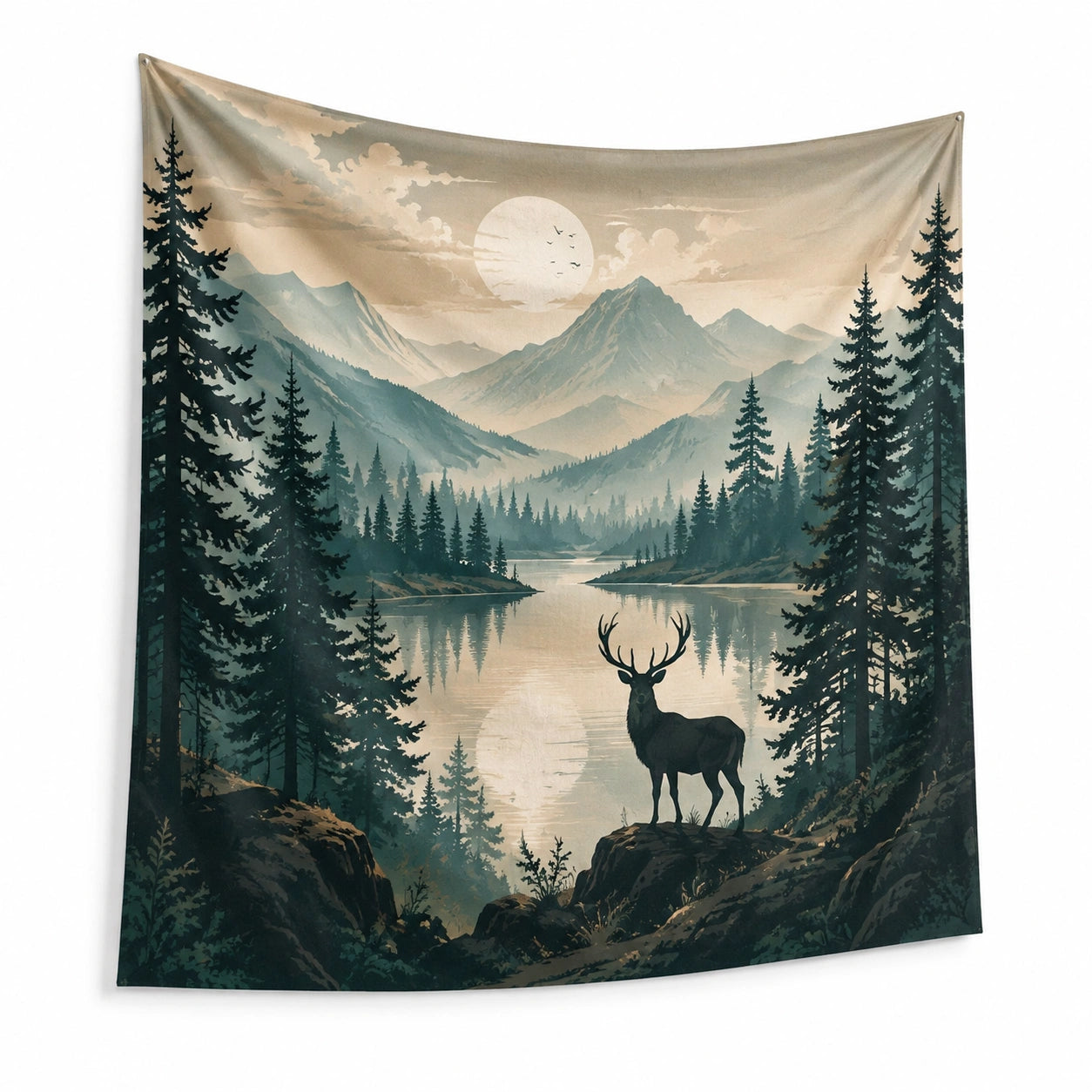 Wandteppich 150 x 130 cm Polyester Beige Grün Waldlandschaft Hirsch Wanddekoration