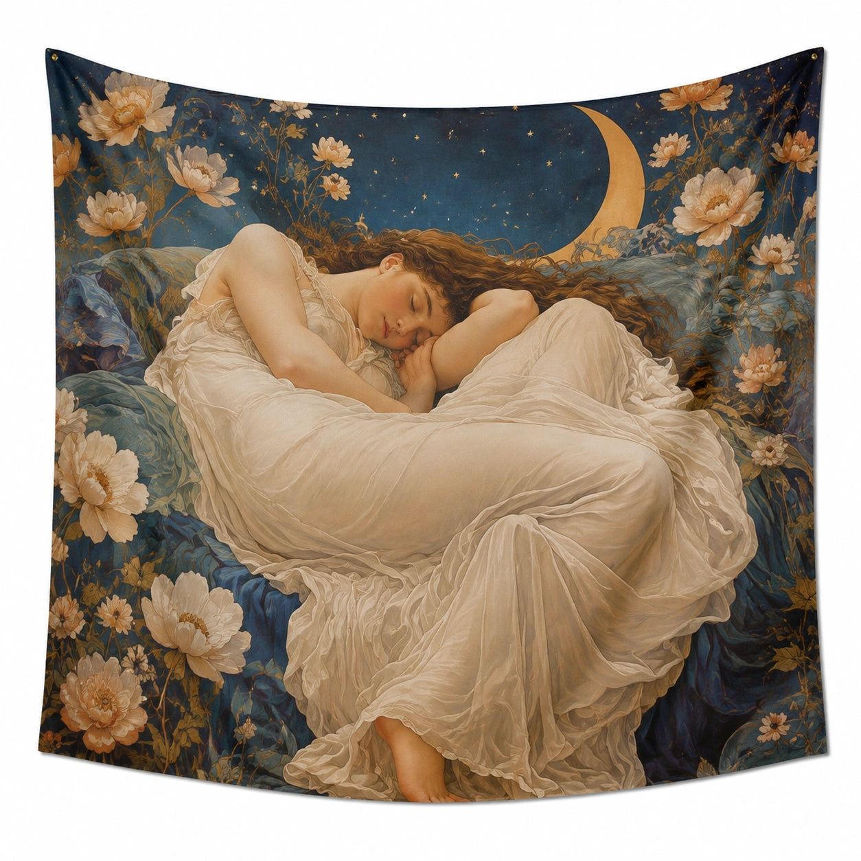 Wandteppich 150 x 130 cm Polyester dunkelblau beige für Wohnraum Blumen Mond Motiv