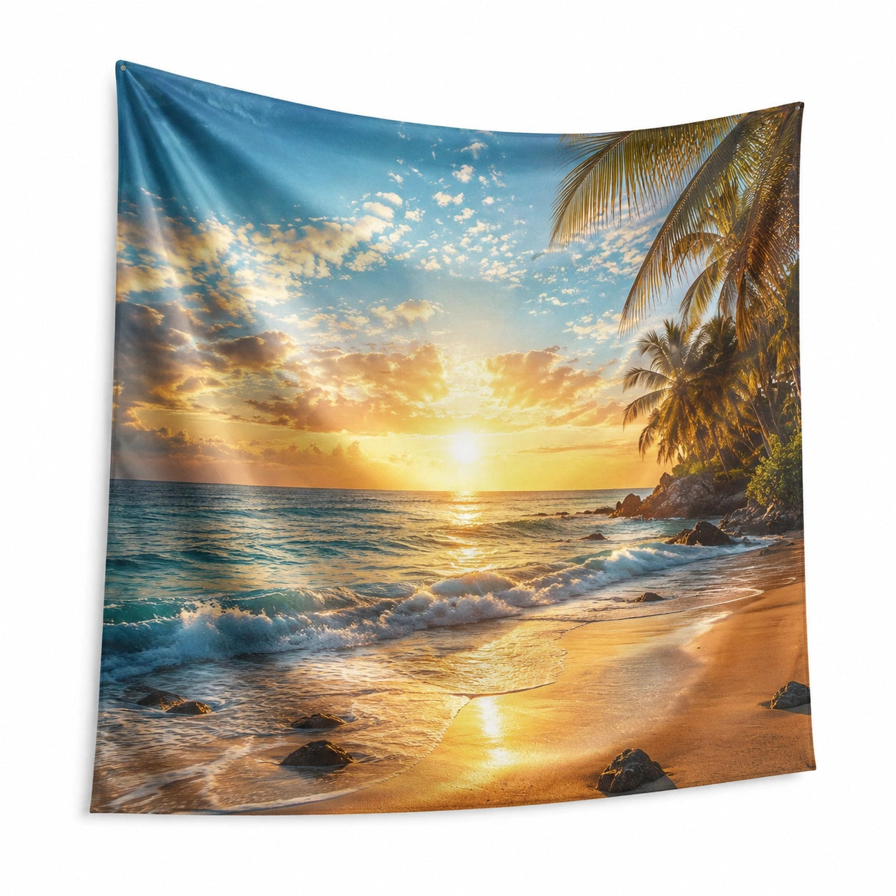 Wandteppich 150 x 130 cm Polyester Blau Gold Strand Sonnenuntergang Wanddekoration