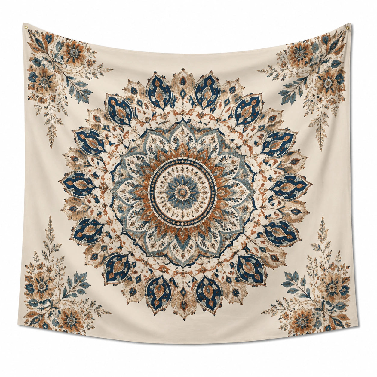 Wandteppich 150 x 150 cm aus Polyester in Creme Blau Braun mit Mandala Blumenmuster