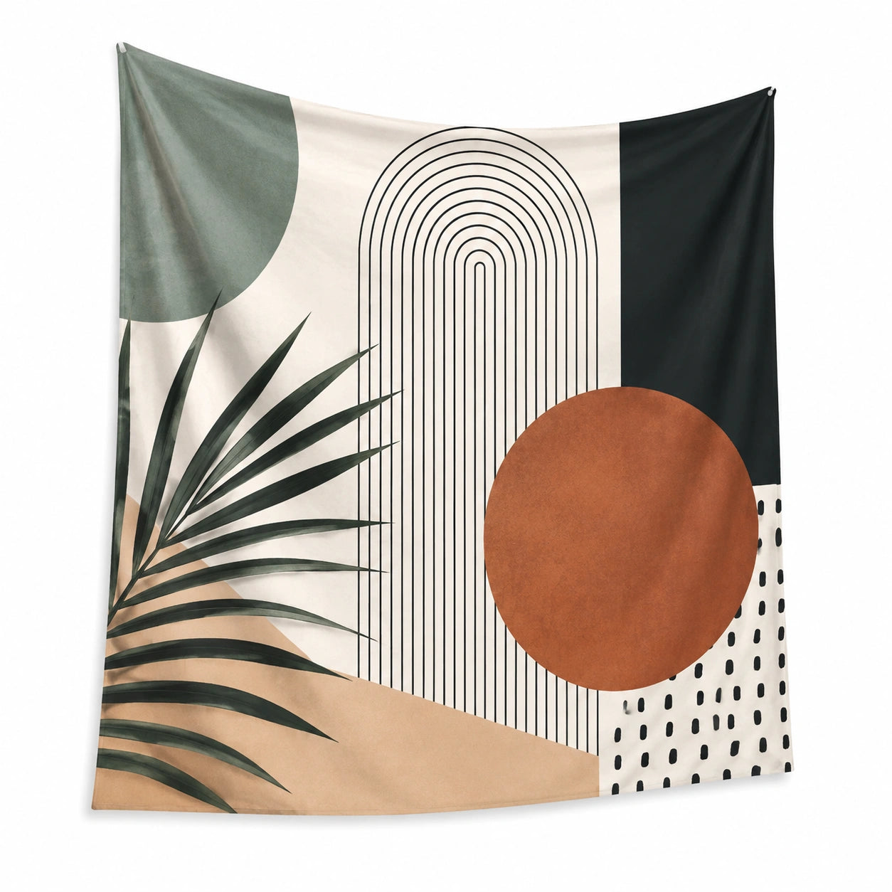 Wandteppich 150 cm x 130 cm aus Polyester in Grün Beige Schwarz und Braun mit geometrischem Pflanzenmotiv