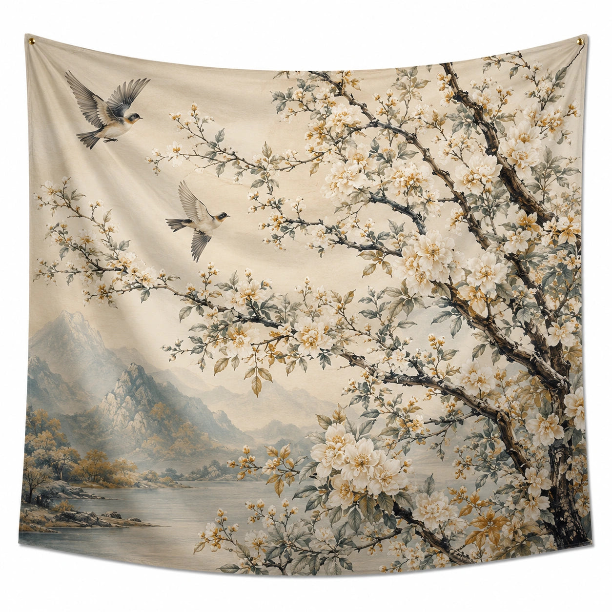 Wandteppich 150 cm x 150 cm Polyester Beige Blumen und Vogelmotiv mit Ösen